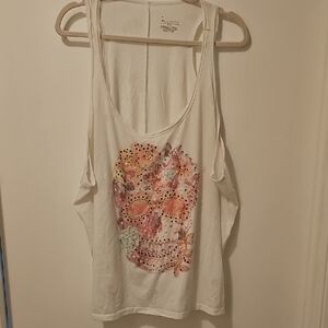 White Graphic Sleeveless Tank Top with Orange Accents